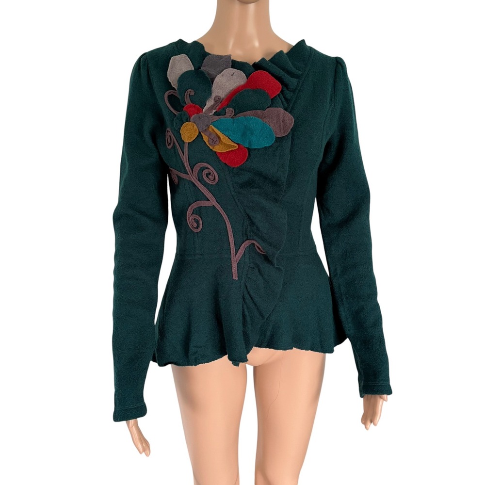 VTG Sleeping on Snow Anthro Green Wool Floral Peplum Jacket XS Artsy Whimsical